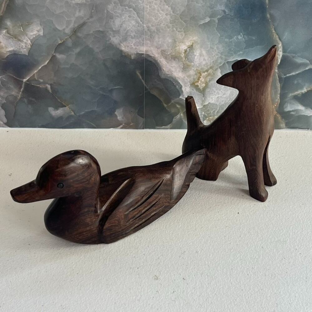 Wooden Howling Wolf Dog And Duck Hand Carved